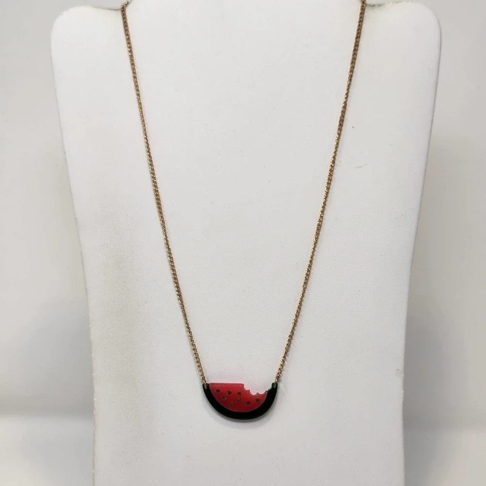 Meri Meri Watermelon Gold Tone Chain Necklace Acrylic Fruit Pendant Summer - Picture 2 of 5